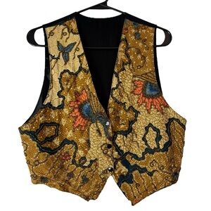 Vintage Arise Small Vest Gold Beaded Leaves Black Background.